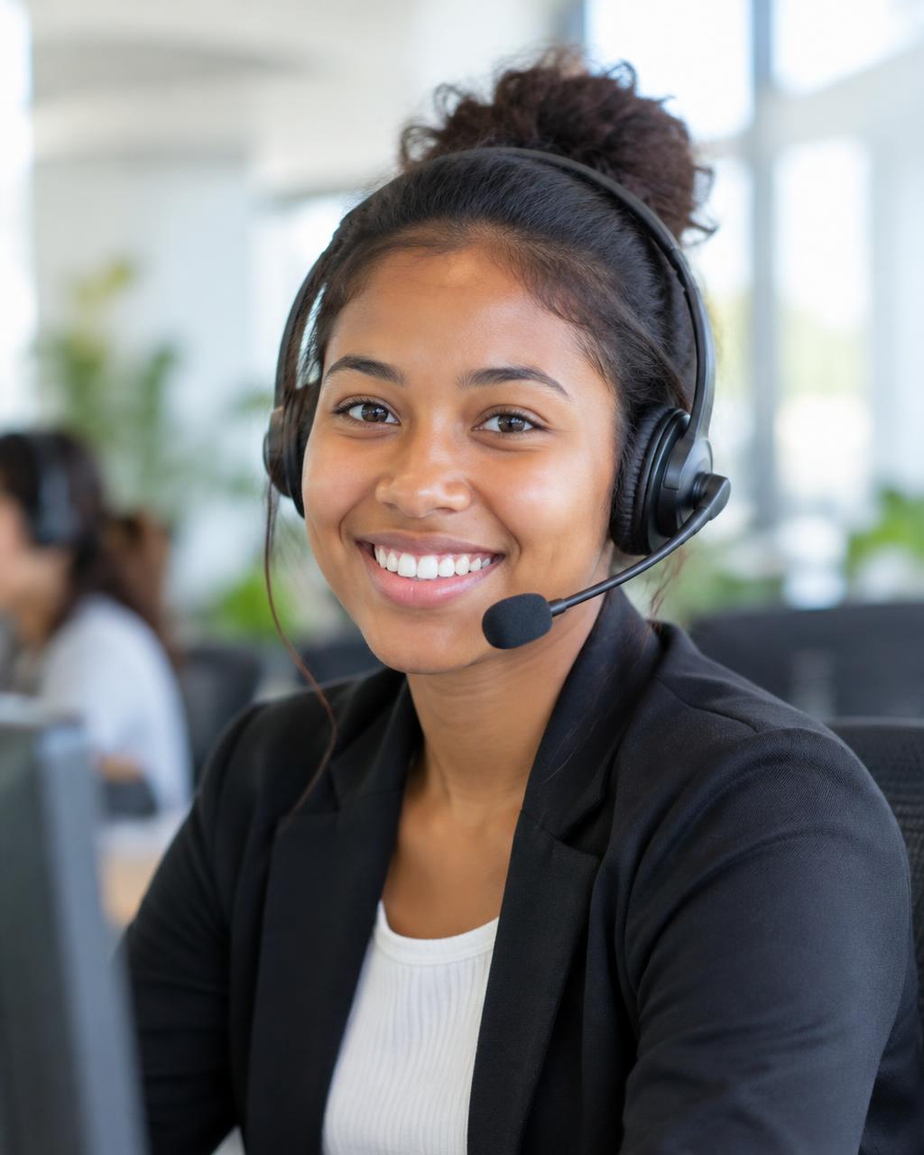 Smiling customer service agent wearing a headset