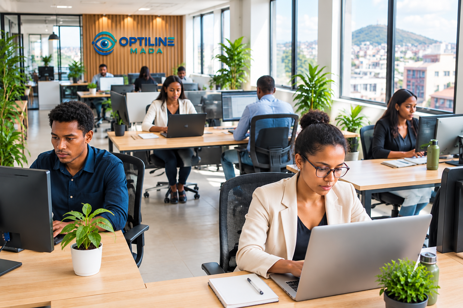 Bright open-plan office with professionals at work